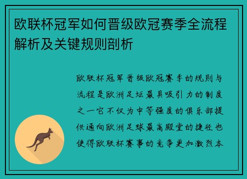 欧联杯冠军如何晋级欧冠赛季全流程解析及关键规则剖析