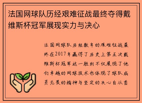 法国网球队历经艰难征战最终夺得戴维斯杯冠军展现实力与决心