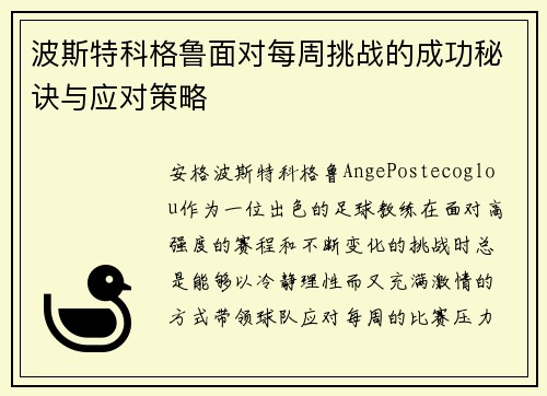 波斯特科格鲁面对每周挑战的成功秘诀与应对策略
