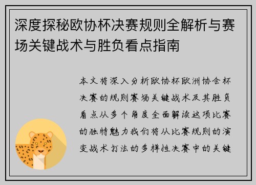 深度探秘欧协杯决赛规则全解析与赛场关键战术与胜负看点指南